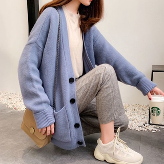 Áo Khoác Cardigan Dáng Rộng Phối Túi Thời Trang Xuân Thu Phong Cách Hàn Quốc Cho Nữ