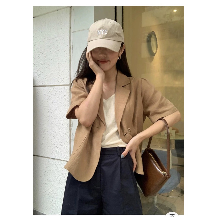 Áo blazer cộc tay A.240, áo khoác cổ giả vest dáng ngắn tay bồng túi tròn style Hàn Quốc