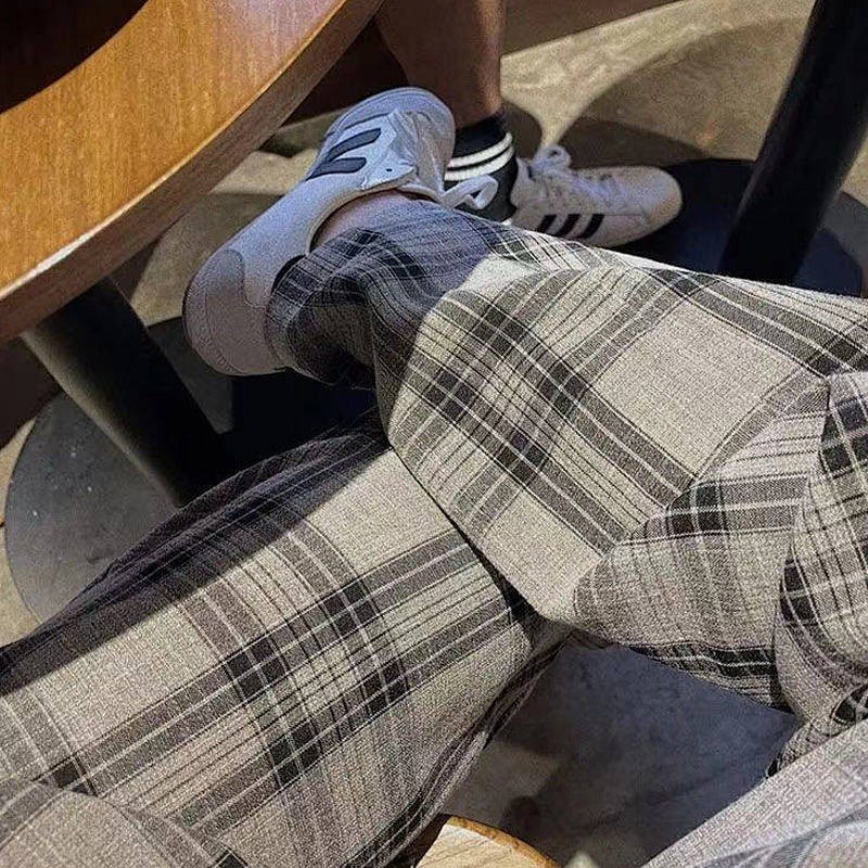  Hong Kong Style Plaid Pants Men's Spring And Summer Thin Loose Casual Straight Pants Men & Women Trendy Pu Handsome Draping Sports Trousers Sportswear summer suit short sleeve shirt suit casual suit trendy suit