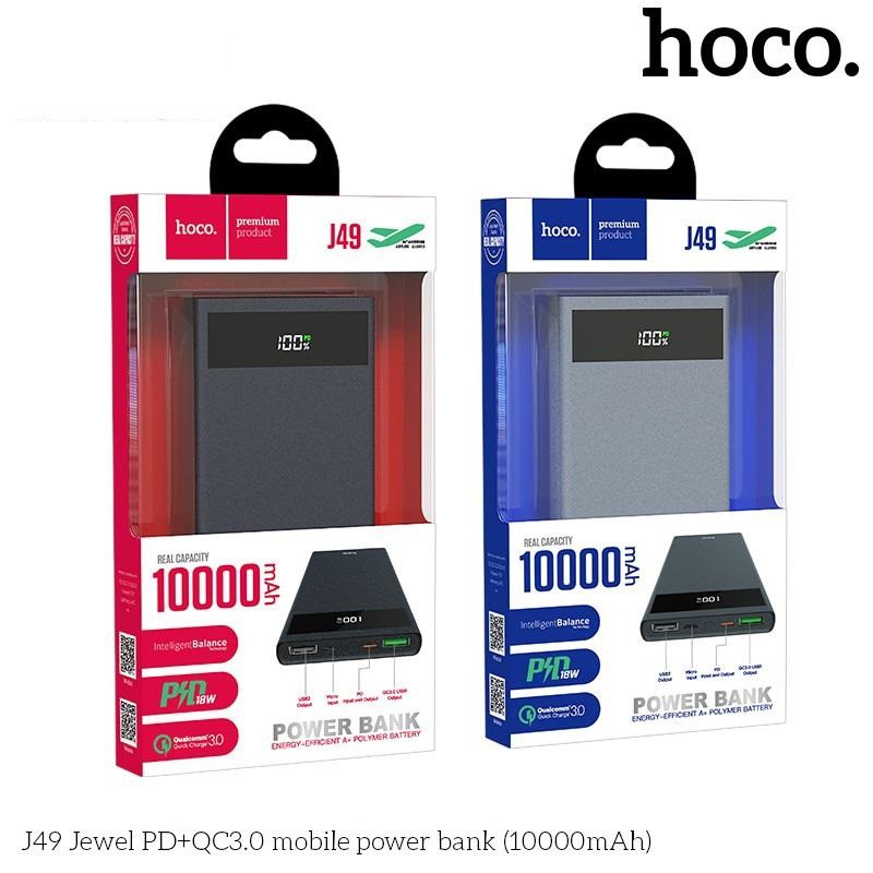 Pin sạc dự phòng Hoco J49 Jewel 10000mAh lõi polymer, sạc nhanh QC 3.0, sạc PD (Màu ngẫu nhiên)