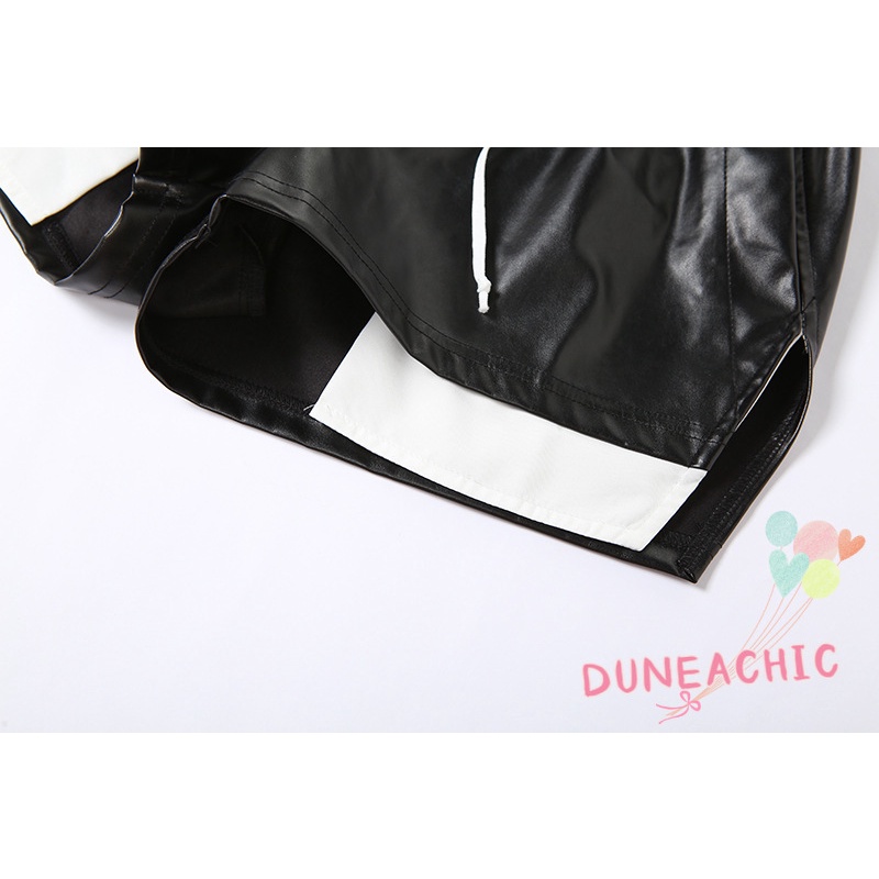 DUNEA Quần Short Da Pu Lưng Cao Cột Dây Phối Màu Trẻ Trung Cá Tính Cho Nữ