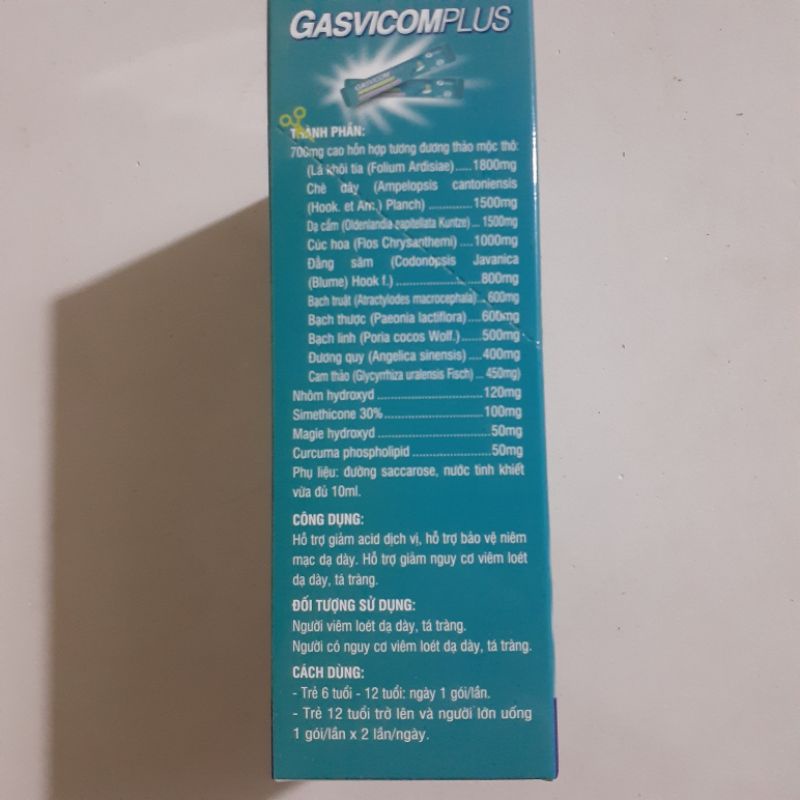 Gói uống GASVITCOM làm giảm triệu chứng viêm loét dạ dày, tá tràng và trào ngược