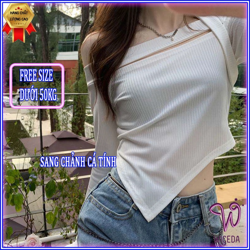 Áo croptop dài tay trễ vai gấu lệch xinh , ao thun nữ kiêu đẹp chất len tăm 100% cotton 2 màu đen trắng Wiceda 451