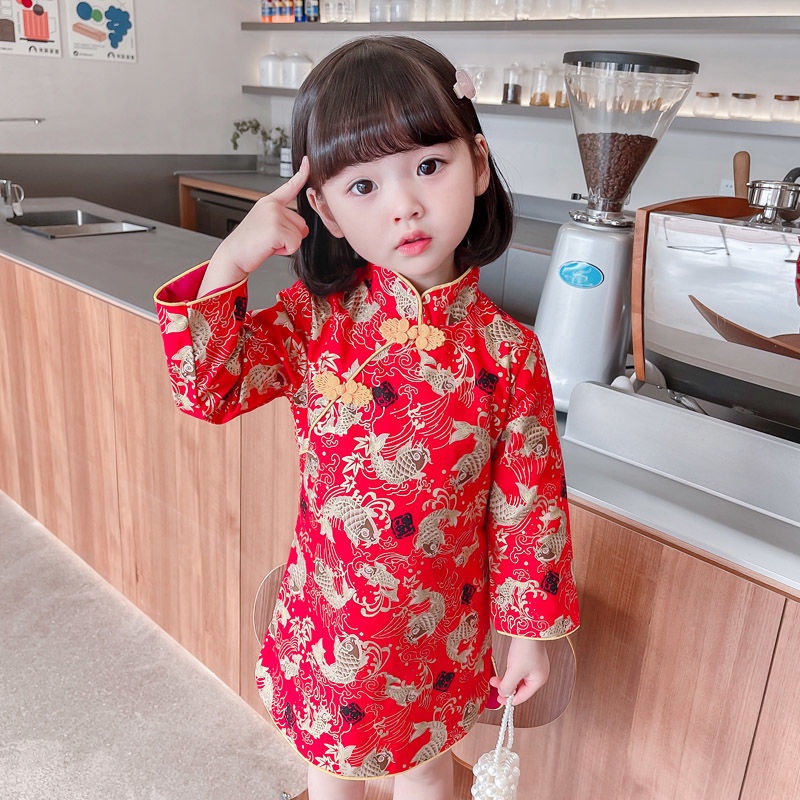 Đầm Sườn Xám Tay Dài Phong Cách Trung Hoa Thời Trang Mùa Thu Cho Bé Gái