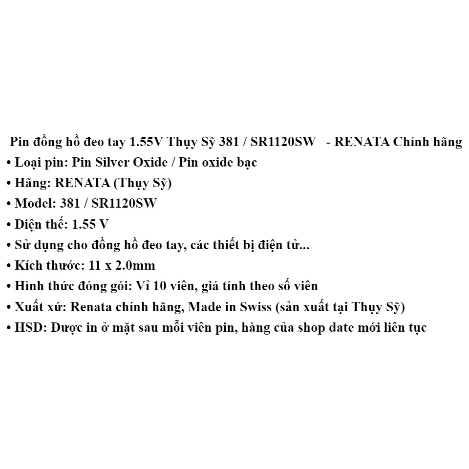 Pin đồng hồ Thụy Sỹ RENATA 381 / SR1120SW oxit bạc Made in Swiss (Dạng Vỉ 10 Viên)