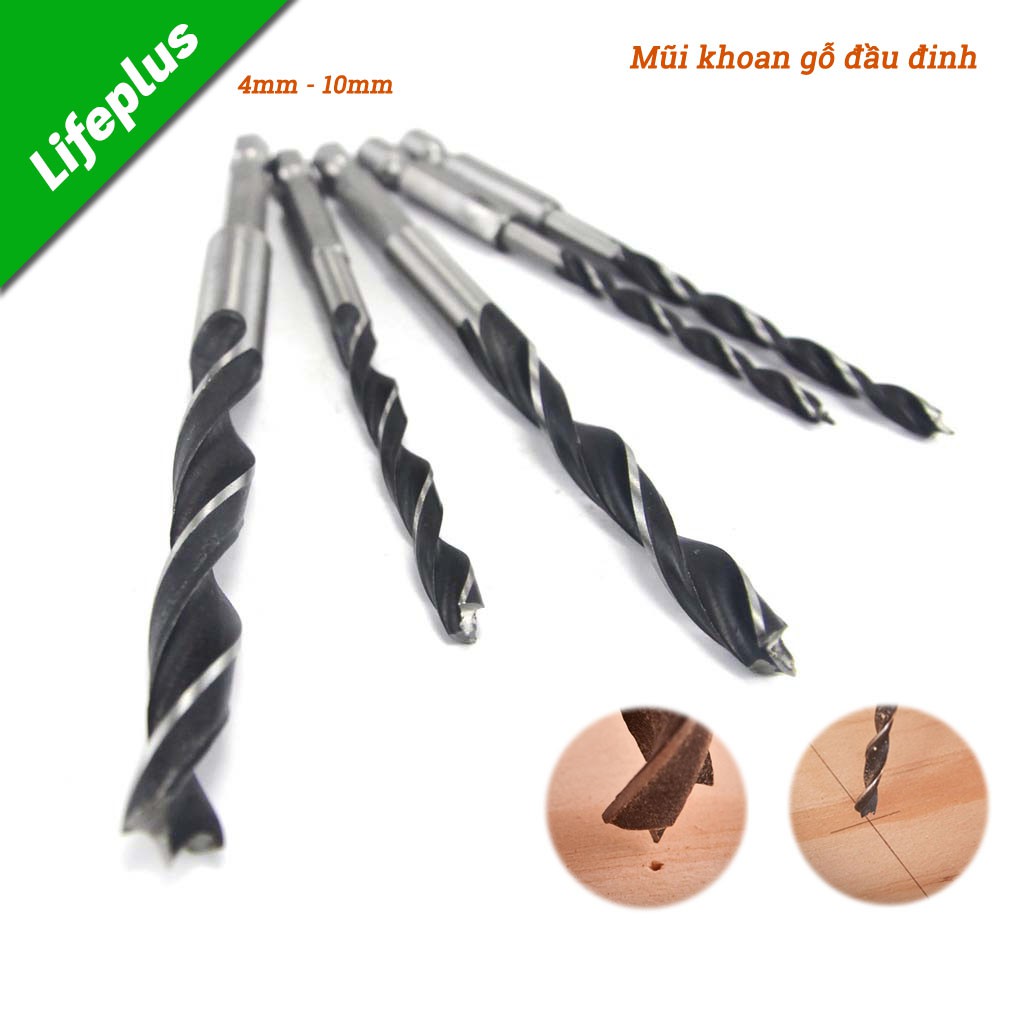 Bộ 5 mũi khoan gỗ đầu đinh 4-10mm chuôi lục thép Cacbon