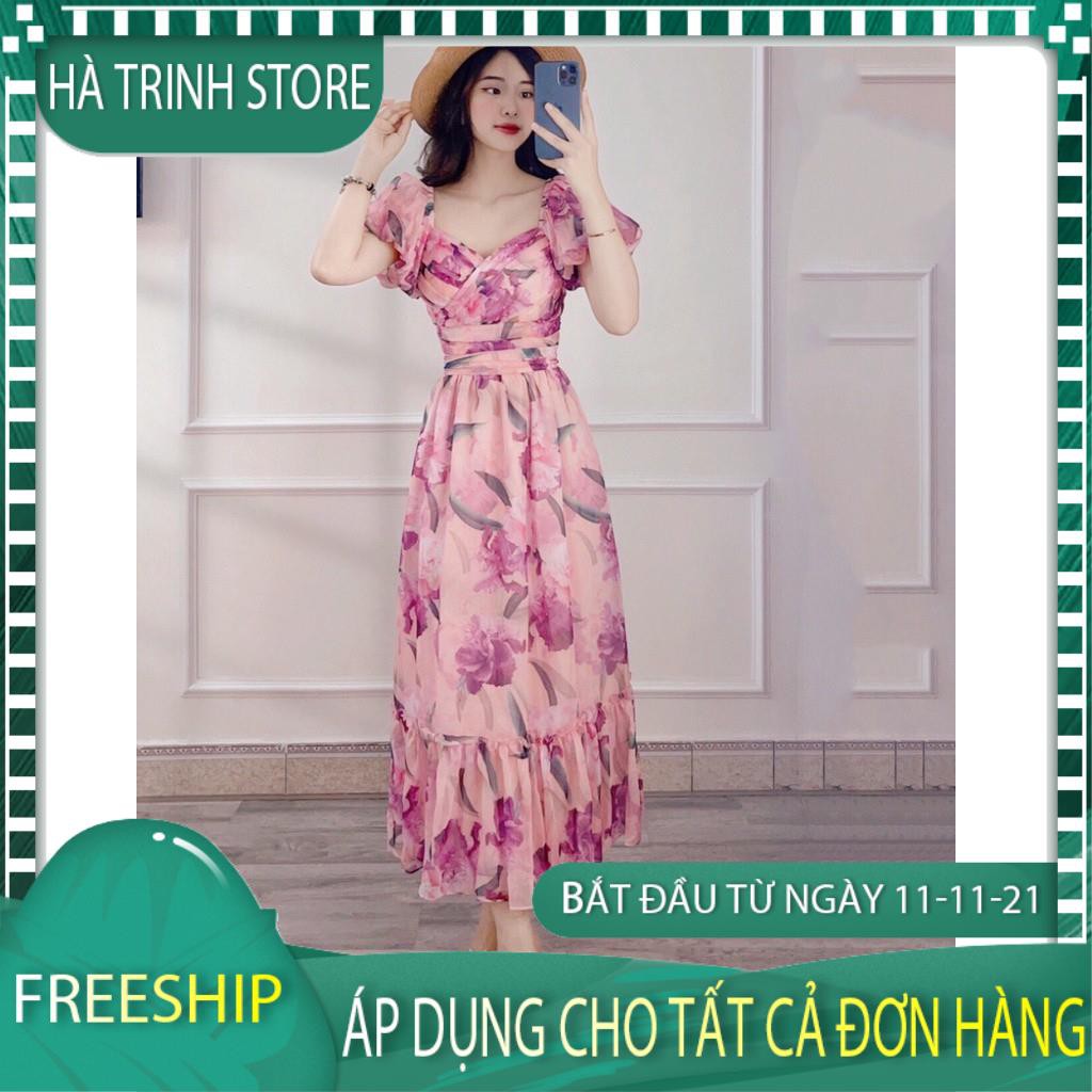 Váy đầm thiết kế cao cấp công sở dự tiệc maxi hoa tím xếp li ngực V2102 - HÀ TRINH STORE