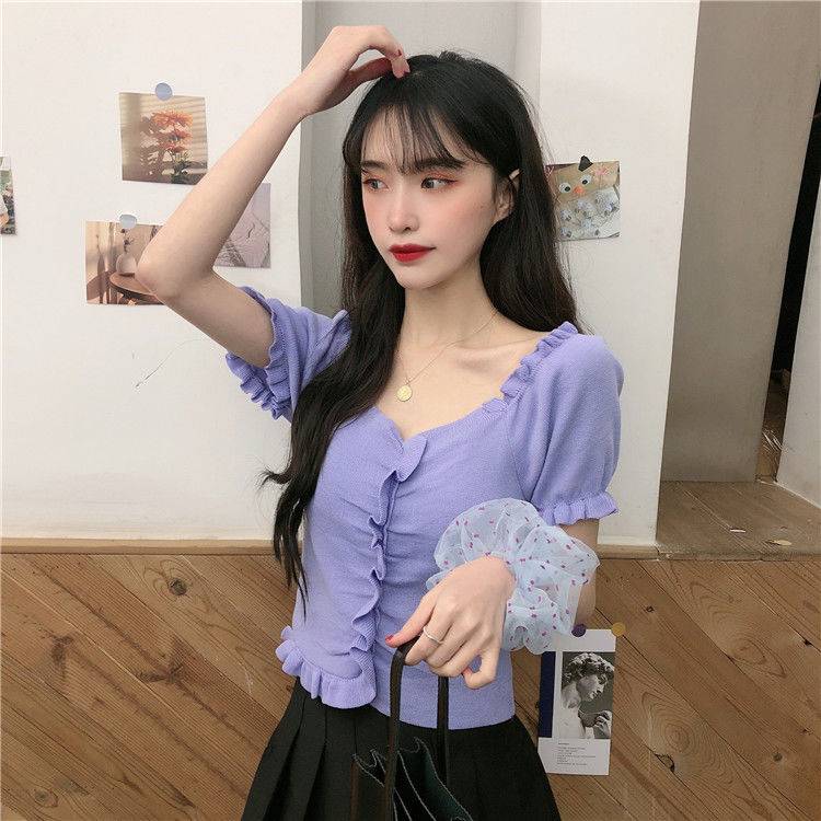 Áo Dệt Kim Tay Ngắn Cổ Chữ V Phong Cách Hàn Quốc Cho Nữ | BigBuy360 - bigbuy360.vn