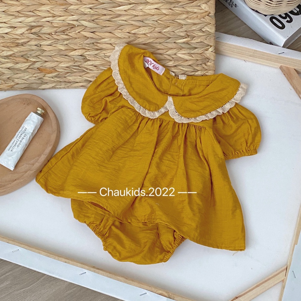 Bộ cộc tay chất đũi mềm mát cho bé gái, Bộ chip babydoll viền trắng bé gái