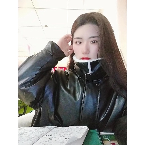 Áo khoác da lót lông trắng mịn khoá dây cổ
