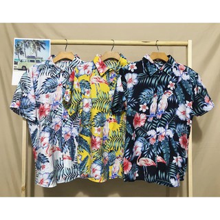 Áo sơ mi hawaii chất đũi hoa lá hồng hạc mùa hè