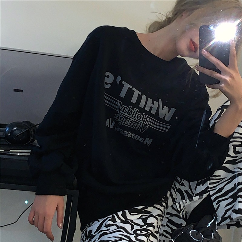 SUXI Áo Sweater Tay Dài Dáng Rộng Màu Sắc Đơn Giản In Chữ Phong Cách Hàn Quốc