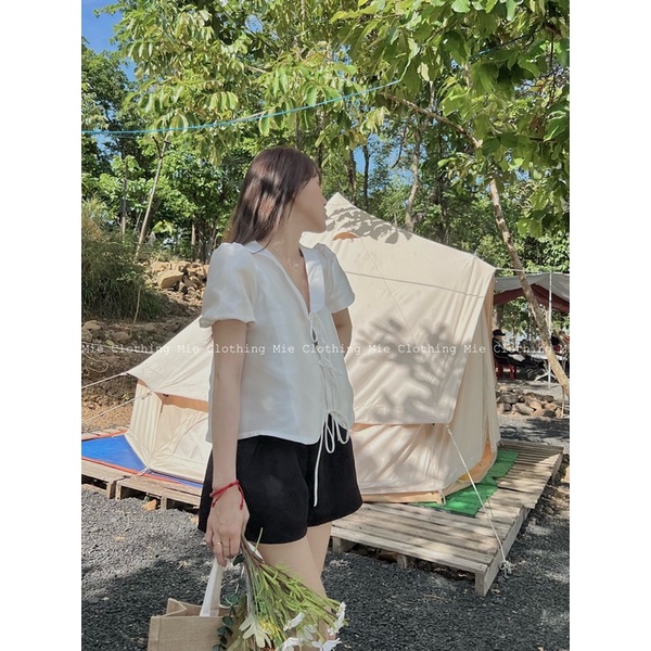 MIE MIN Mie Tops tafta thắt nơ