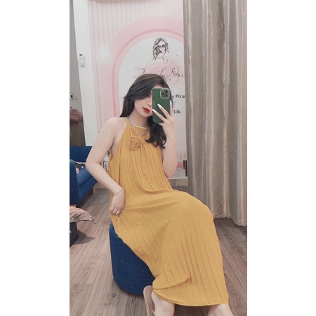 [Hàng đẹp]Đầm maxi dập ly 2 dây dáng suông kèm hoa trên ngực siêu cưng-hình thật. alohashop91