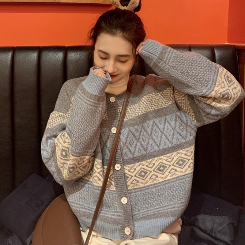 Áo Khoác Cardigan Dệt Kim Tay Dài Phong Cách Retro Hàn Quốc