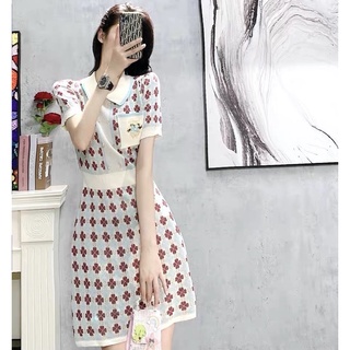 Đầm suông nữ dệt kim sọc caro đầm công sở cổ bẻ kiểu sơ mi