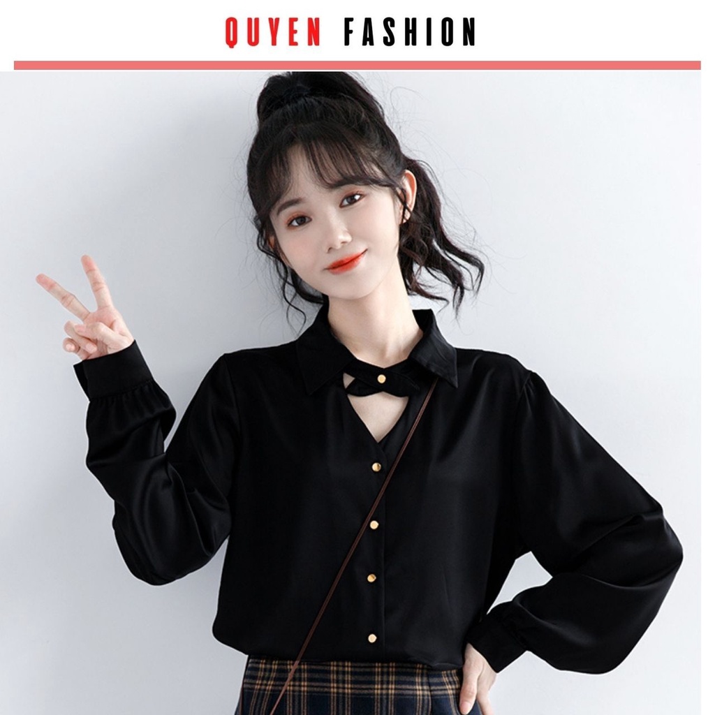 Áo sơ mi công sở kiểu dáng hàn quốc tay tiểu thư phồng Quyên Fashion AA557 màu đen cá tính