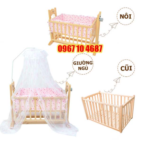 Nôi Gỗ Thông Tự Động Màu Tự Nhiên 3Trong 1 Cho Bé VINANOI VNN201 - Vừa Làm Nôi Tự Động Vừa Làm Giường Vừa Làm Cũi Cho bé