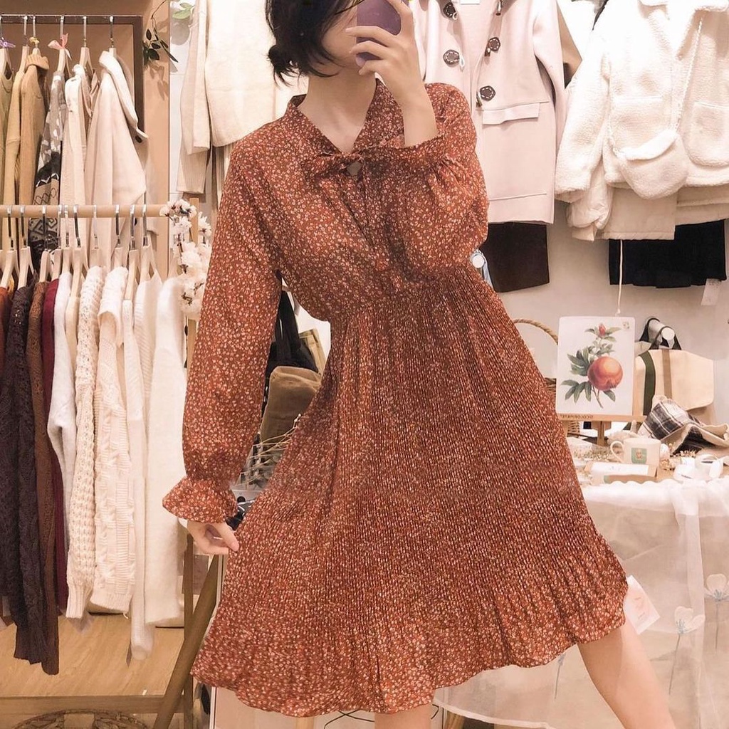 Váy KIRI Cam Nâu Vintage Dáng Dài Cổ Điển - Váy Lụa Mềm