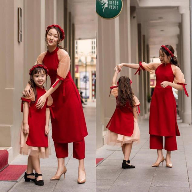 [Nhận quà tặng từ shop] Set Áo dài cách tân kèm chân váy mẹ và bé đỏ sang trọng nữ tính