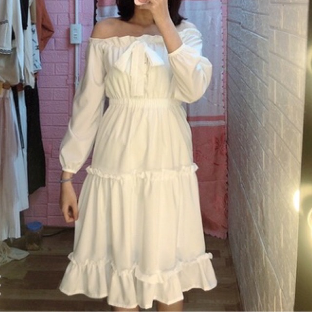 Váy Trễ Vai Nơ Tay Voan nữ - Đầm tiểu thư trắng basic trơn có lớp lót trong  vintage freesize mặc đi chơi dã ngoại tết | BigBuy360 - bigbuy360.vn
