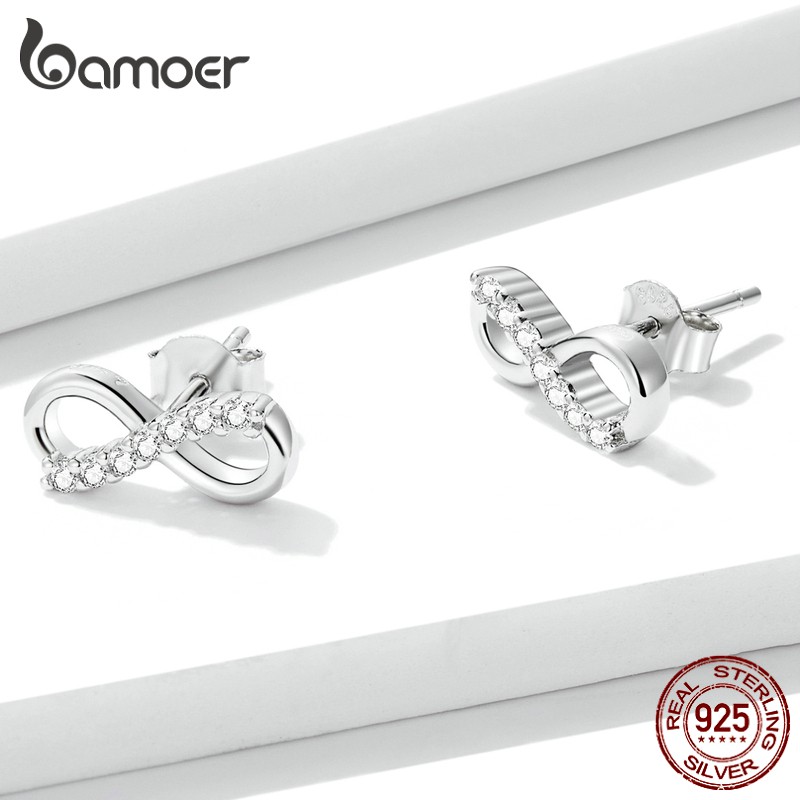 Đôi khuyên tai xỏ Bamoer bạc thật 925 hình biểu tượng vô cực 3 kiểu dáng thời trang thích hợp làm quà tặng cho nữ
