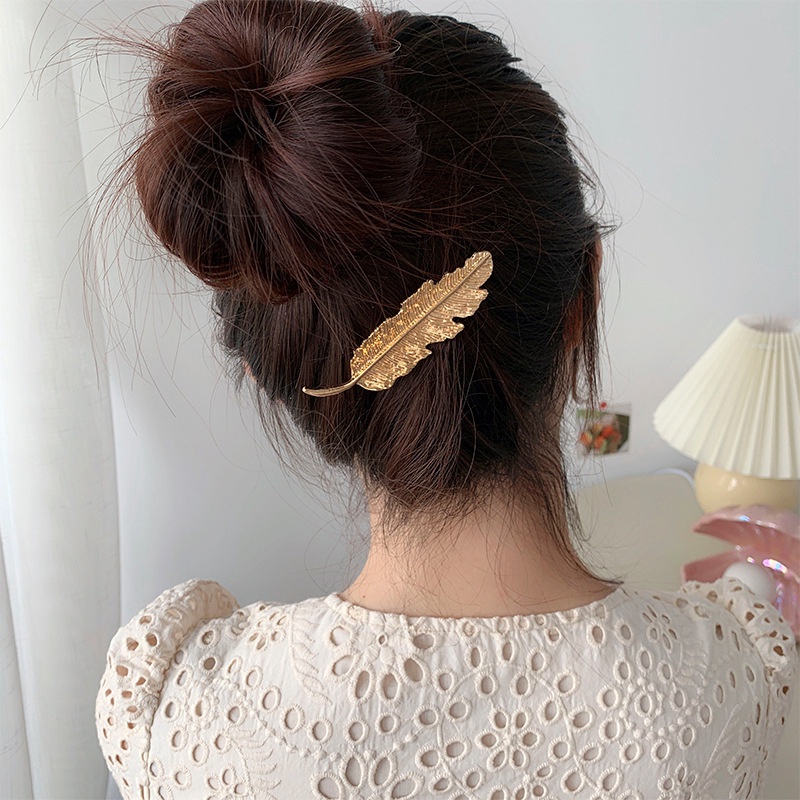 Kẹp Tóc Hình Lông Vũ Bằng Kim Loại Phong Cách Vintage Thanh Lịch Cho Nữ