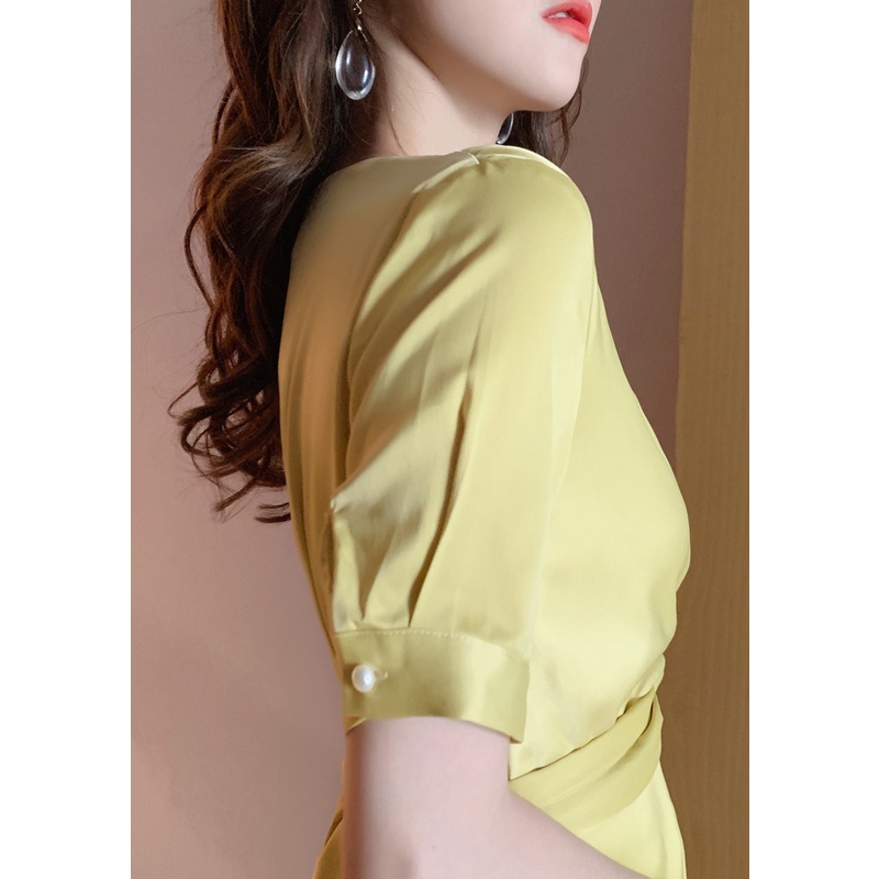 ZYHT Đầm màu vàng Cổ Chữ V Nhấn Eo Phong Cách Pháp Thời Trang Cho Nữ váy dạ hội 3840