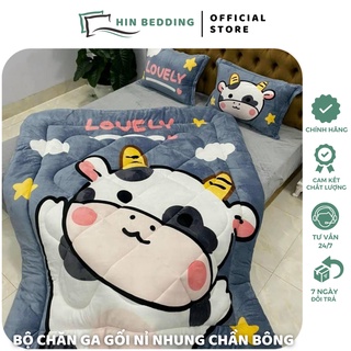 Bộ Chăn Ga Gối Nỉ Nhung 3D Cao Cấp Chăn Chần Bông HIN BEDDING,Chăn Ga Nỉ Nhung Chần Bông Siêu Ấm Dày Dặn
