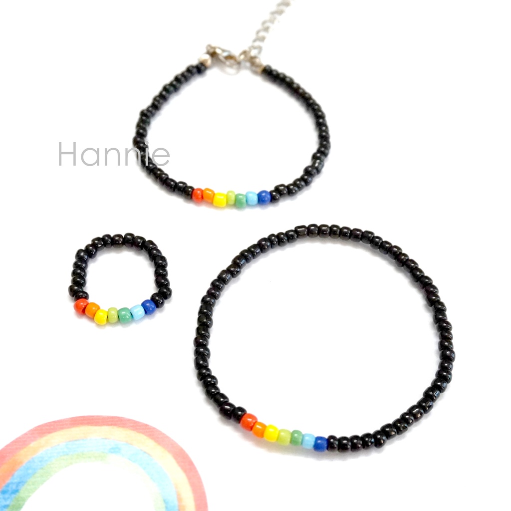 Set hạt cườm nhựa đen rainbow cầu vồng handmade - Combo vòng tay nhẫn dành cho nam nữ đơn giản