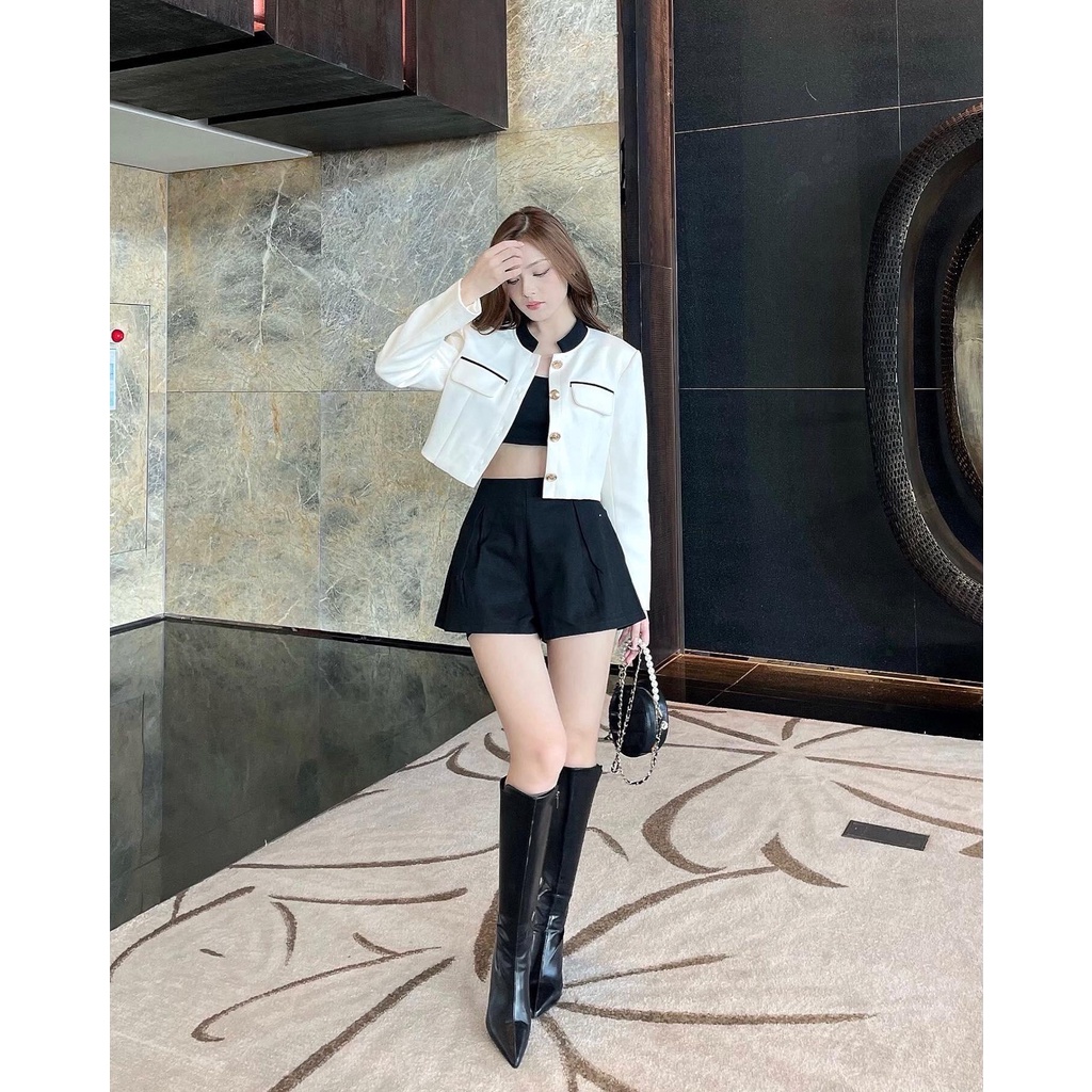 Áo Dạ Croptop Hai Màu Đen Trắng Chất Dày Dặn Stella Croptop - Hàng Chất Lượng Cao Jolie