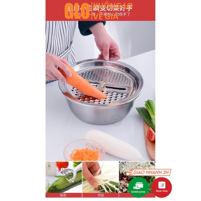 Bộ dụng cụ 3 Món nạo rau củ đa năng,Thau Rổ Bào Inox siêu tiện Lợi,Bào sợi,gừng, và nhiều công dụng tiện lợi