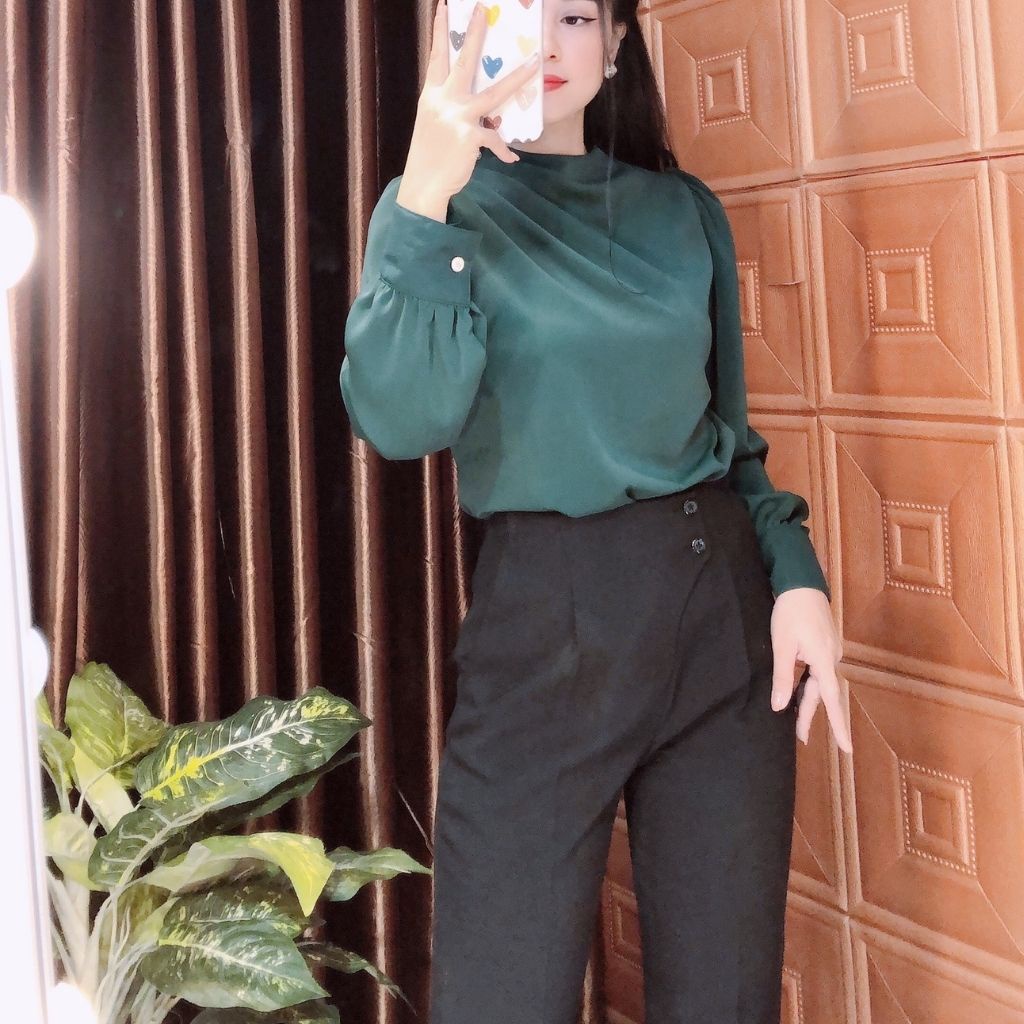 Áo kiểu công sở tay dài cao cấp, chất lụa mịn dày dặn, co giãn, mịn mát, không nhăn | BigBuy360 - bigbuy360.vn