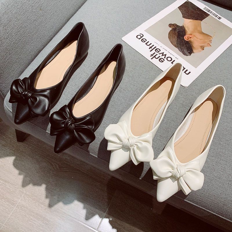Giày Búp Bê Da Mềm Mũi Nhọn Đính Nơ Thời Trang Mùa Hè 2022 Cho Nữ