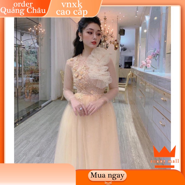 ✨QUẢNG CHÂU✨ Đầm dự tiệc công chúa tay dài phối hoa nổi SUNNY MALL -size M/L(kèm ảnh/video thật)MS133Y 🔥FREESHIP🔥 tiệc
