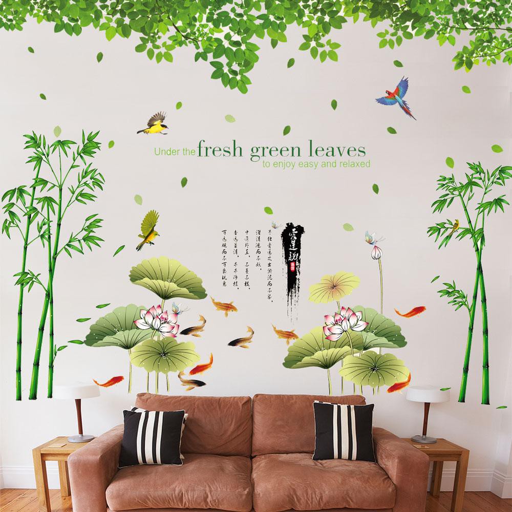 Decal dán tường kết hợp Rừng lá xanh, trúc và đầm sen AM9104+0779C+XY1097AB