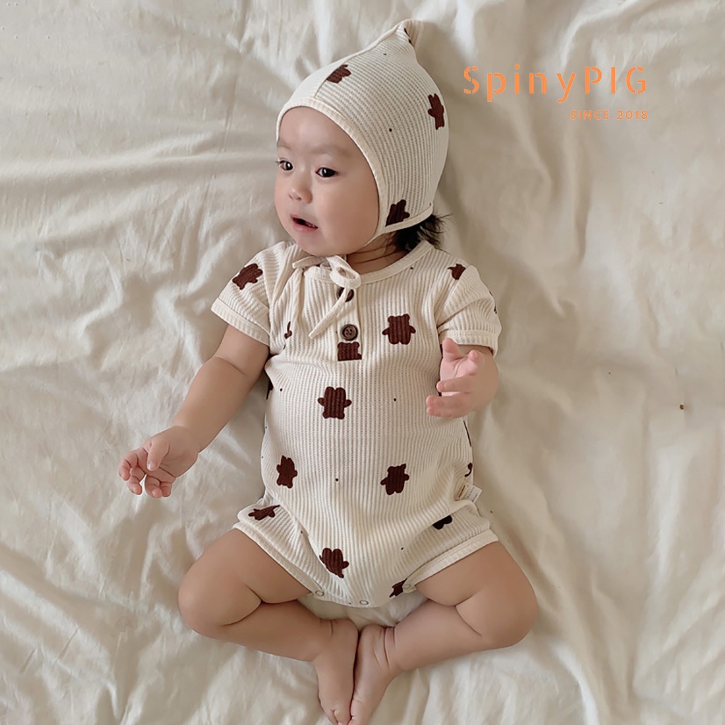 Bộ body cho bé 0-2 tuổi kèm mũ style Hàn Quốc dệt kim hoạ tiết gấu cộc tay dành cho hè thu