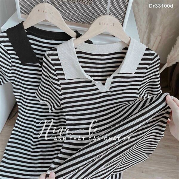 ĐẦM NỮ POLO CỔ BẺ ÔM BODY TAY NGẮN THUN COTTON SỌC TRẮNG ĐEN KIỂU HÀN QUỐC