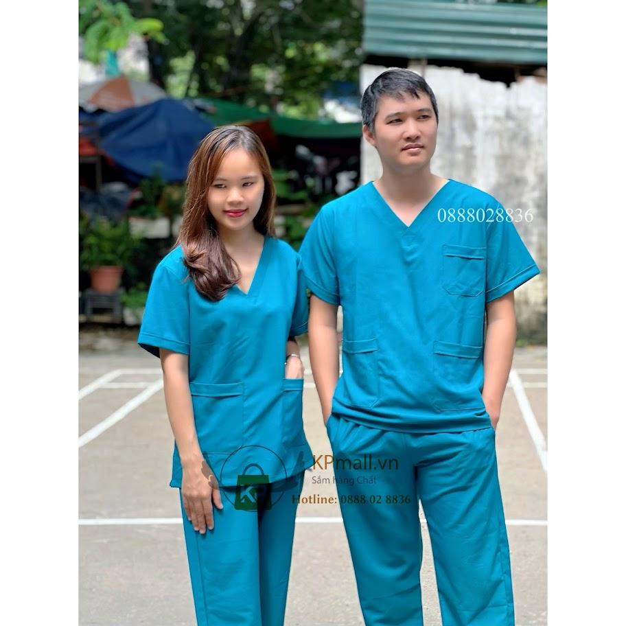 Bộ Scrubs bác sỹ, bộ cổ tim kỹ thuật viên Cotton Cao Cấp Xanh Cổ Vịt, đồng phục thẩm mỹ viện, spa, phòng khám, bệnh viện