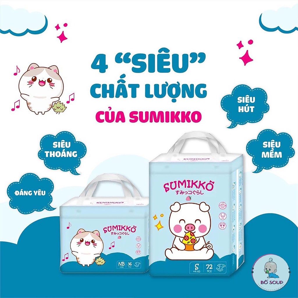Bỉm quần tã dán SUMIKKO công nghệ Nhật Bản chống hăm, vách ngăn chống tràn 3D hai lớp NB36/S72/M66/L62/XL54/XXL50/XXXL46