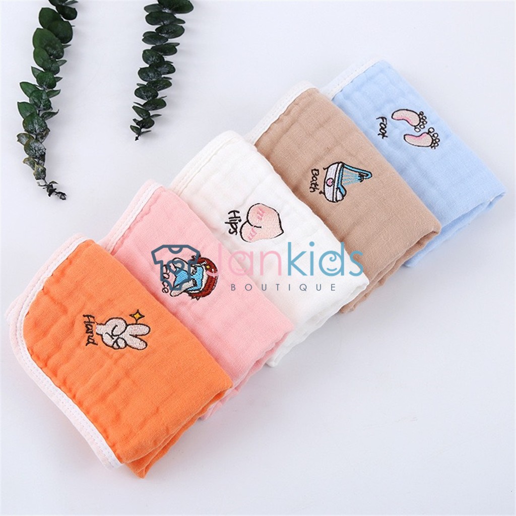 Set 5 Khăn xô sữa 6 lớp cho bé siêu thấm hút thêu họa tiết hoạt hình đáng yêu