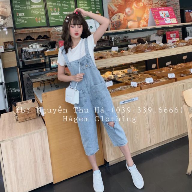 Quần yếm jean dài rách mốc cực chất