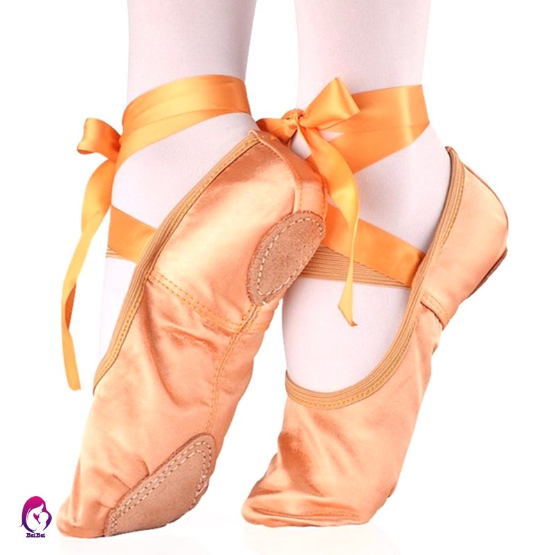 COD Children's and Adult Girls Ballet Dance Shoes Satin Gymnastics Flats Split Sole with Ribbon