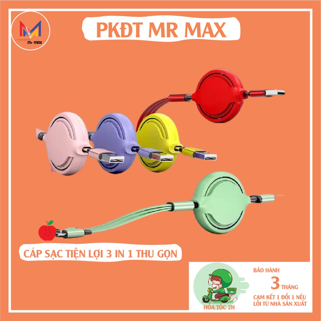 Cáp Sạc 3 Trong 1 Đầu Micro + Type C + Ai Phôn Hỗ Trợ Truyền Dữ Liệu 2,4A Có Thể Thu Lại Gọn Tiện Lợi