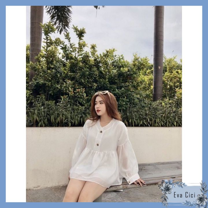 [EVACICI] Áo sơ mi nữ cổ V CÚC GỖ babydoll voan tay phồng, Áo sơ mi nữ cổ V tay bồng siêu xinh