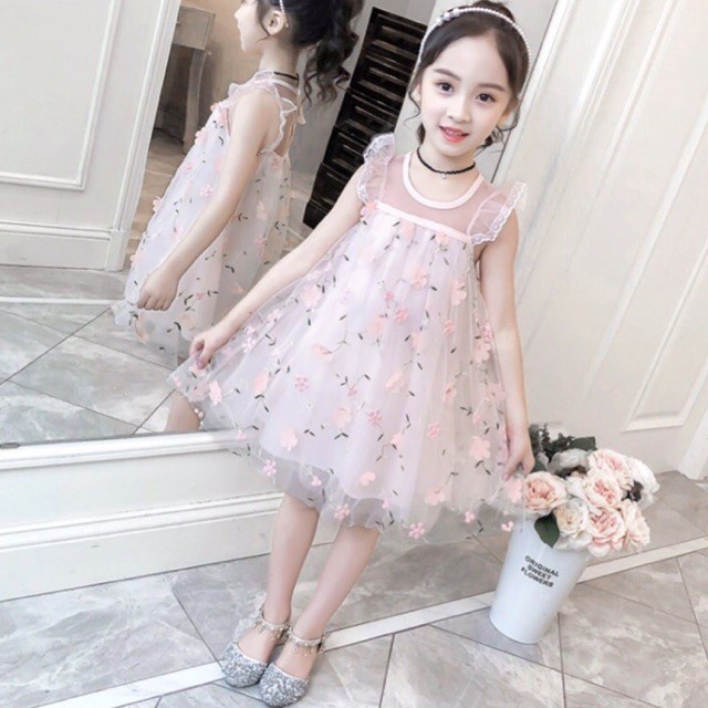 Đầm công chúa phối ren thêu hoa cho bé gái 10-20 kg