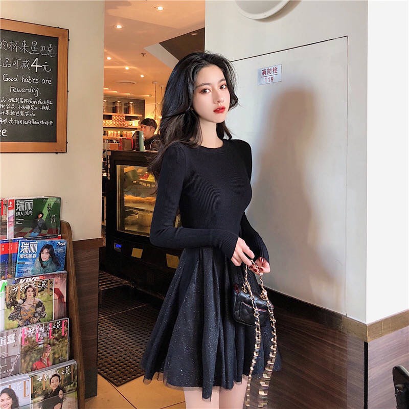 Váy len ôm dáng xòe dài tay/ đầm cổ tròn voan đuôi dáng ngắn xinh xắn V00143