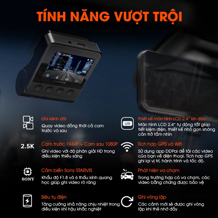 DDPAI Z40 1944P Dash Cam GPS Cam phía trước và phía sau
