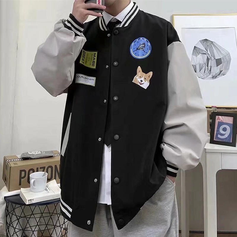 Áo khoác bomber tay dài dáng rộng in họa tiết hoạt hình phong cách Hàn Quốc thời trang mùa đông cho nam size M-3XL