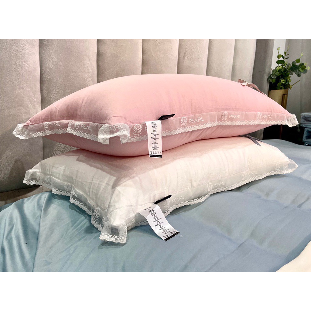 Gối nằm, ruột gối đầu lụa phối ren gắn nơ 100s cao cấp, ruột gối bông tơ tằm êm mát , 2 lớp vỏ kích thước 48x74cm